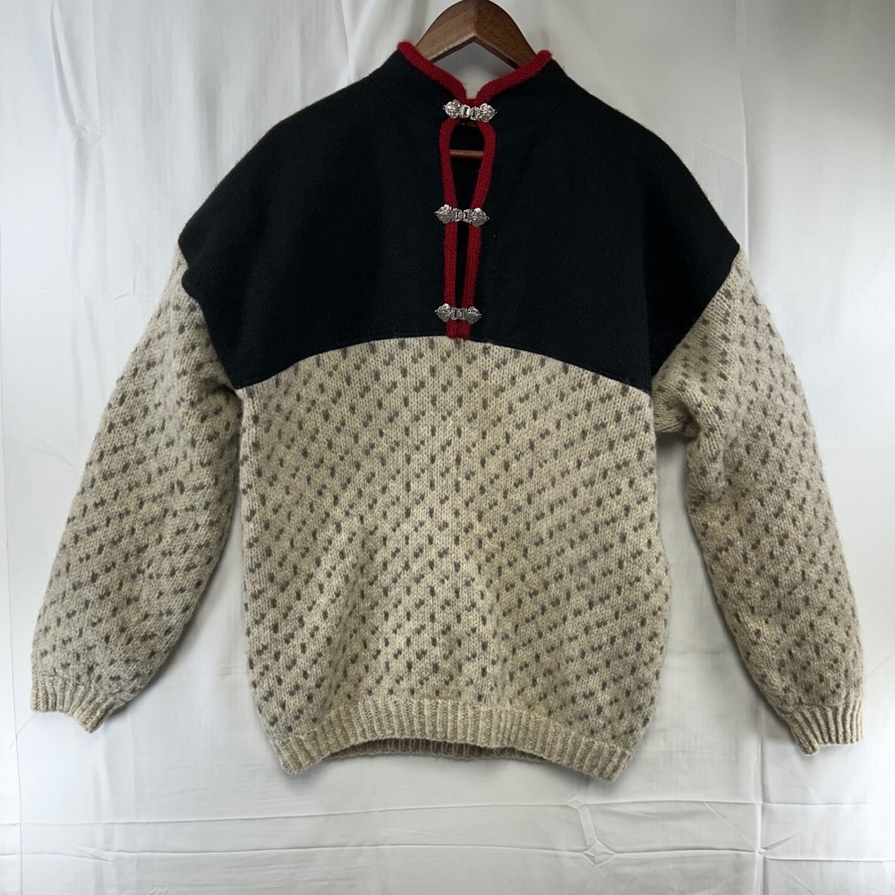 Laila Loken Olsen Vevloftet Sweater Womens L Wool Black Cream Red Nordic Clasp